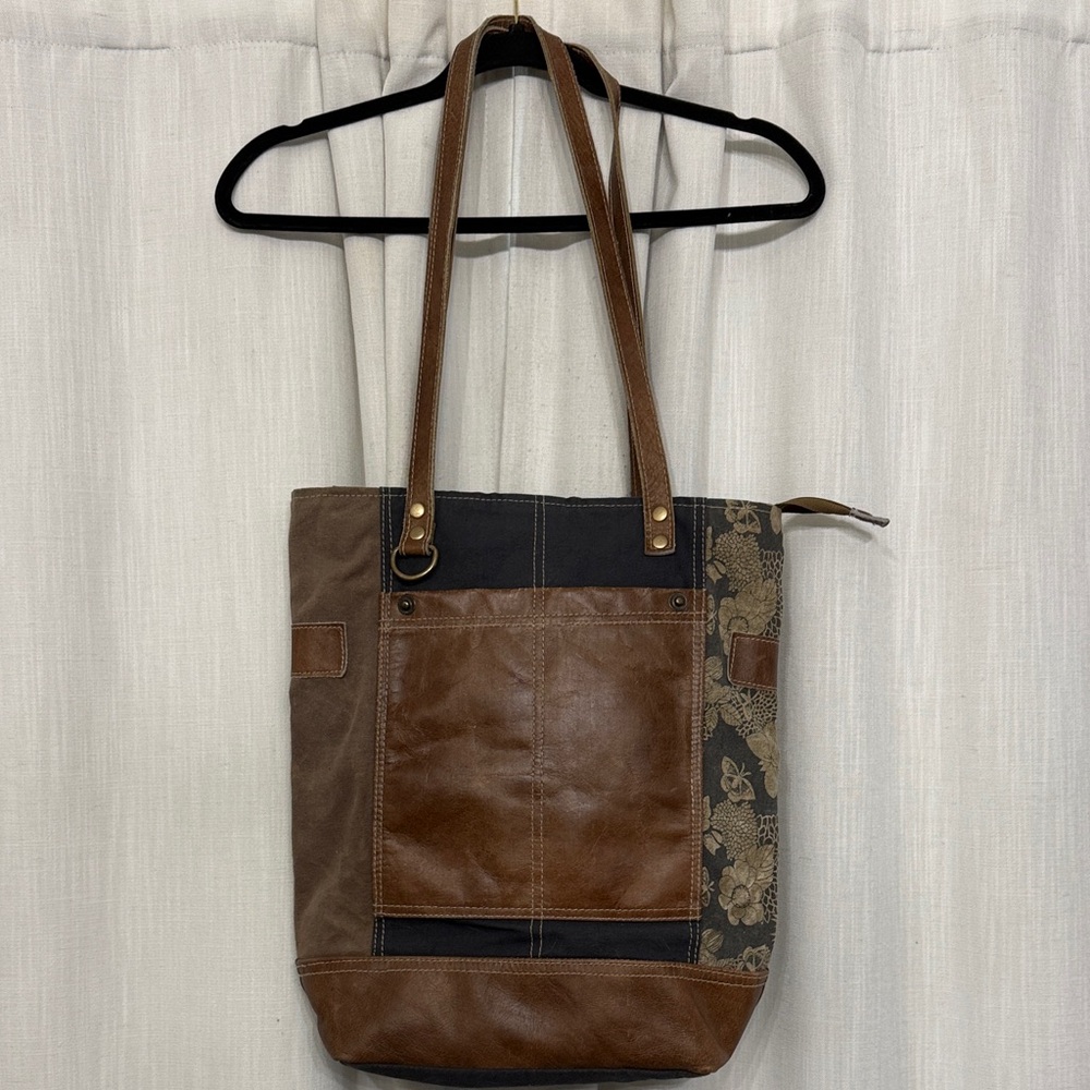 OLAY Brown Black Gray Floral Faux Leather Vintage Look Shoulder Bag